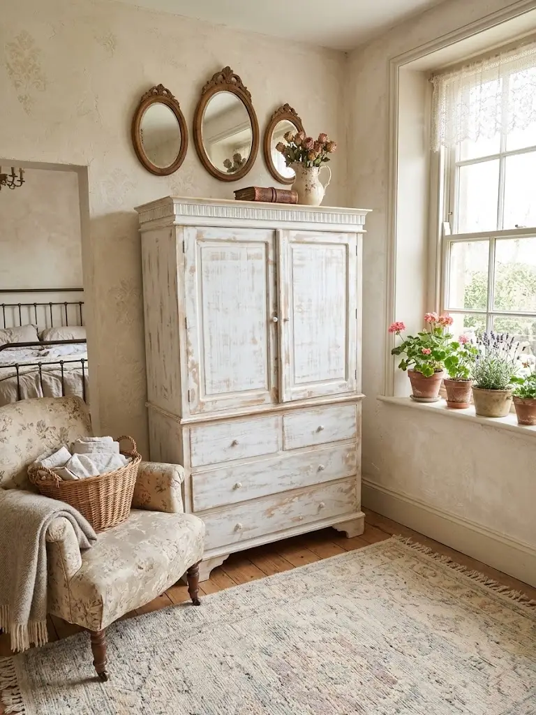 Armadio  (118x56 cm, H 200 cm) Stipo in Legno Massello Decapato Bianco – 2 Ante e 4 Cassetti