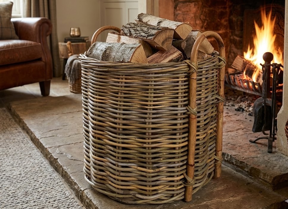 porta legna in vimini  giunco grey cm 60x55 H con manici cm 65 H