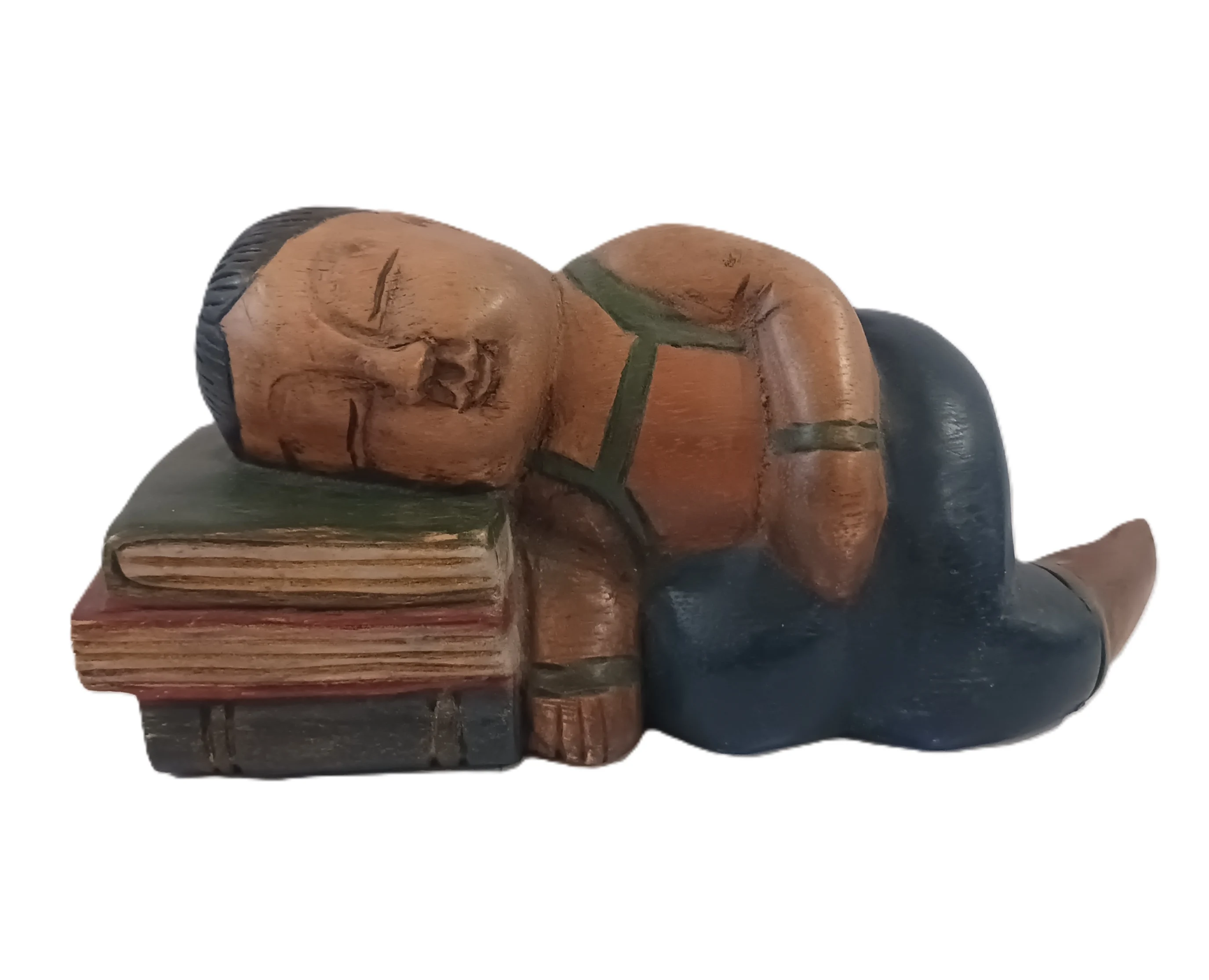 Scultura "Sogni d'Avventura" in Legno Dipinta a Mano – Bambino addormentato sui libri – Cm 20x7x10 H