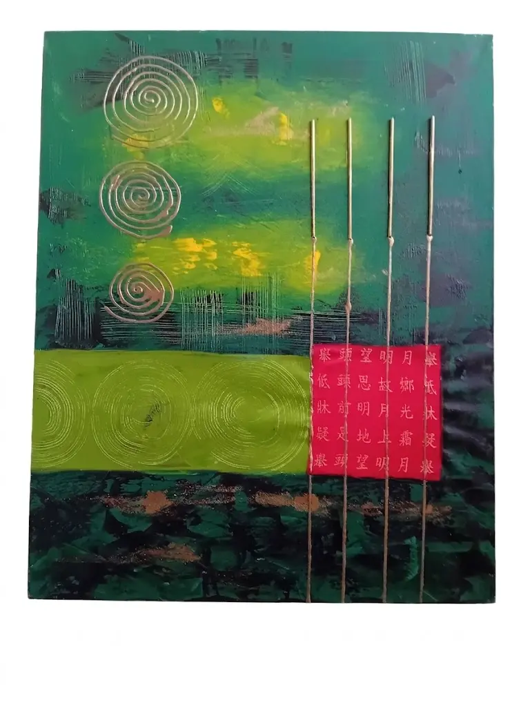 Quadro Astratto Batik "Natura Orientale" – Dipinto a Mano in Rilievo a Bali 120x102 cm