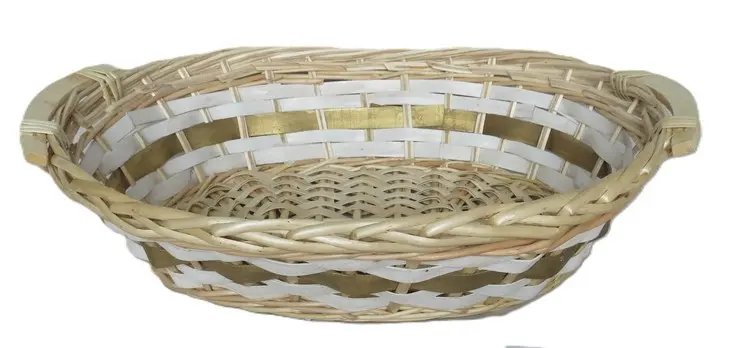 Cesto Ovale in Vimini con Intreccio Bianco e Oro cm 55x40x13 H