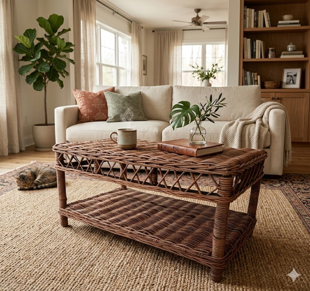 tavolino rattan intreccio  in giunco rettangolare cm 64x53x47 H