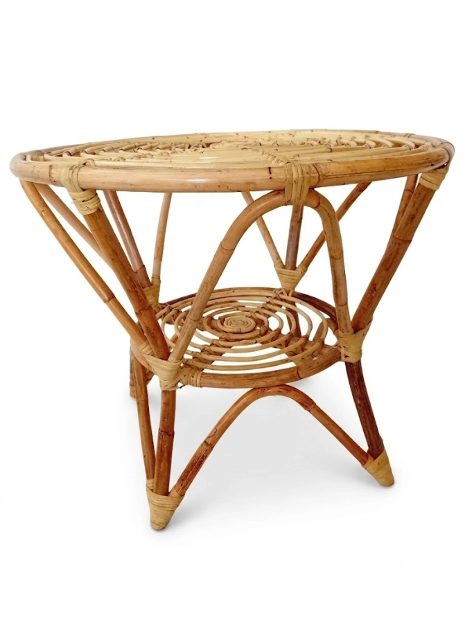 Tavolino da Tè Rotondo in Rattan Naturale con Ripiano Inferiore – Stile Boho ed Etnico