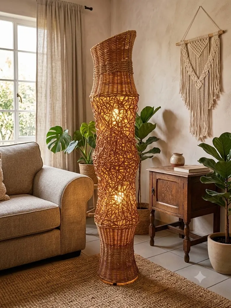 ampada da Terra in Rattan Intrecciato a Mano – H 150 cm, 2 Punti Luce