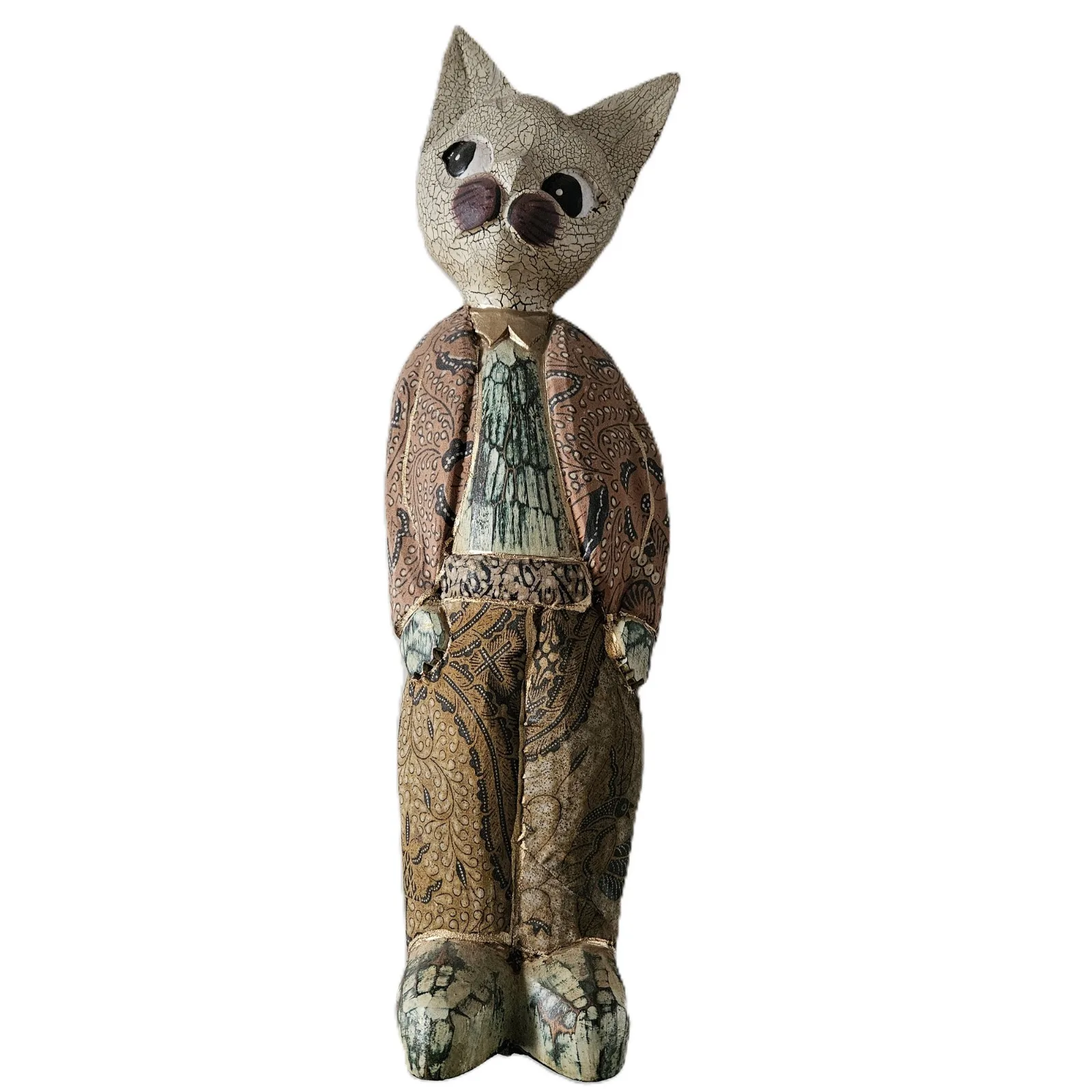 Scultura Gatto "Signore in Abiti Tradizionali" – Statuina Antropomorfa in Legno