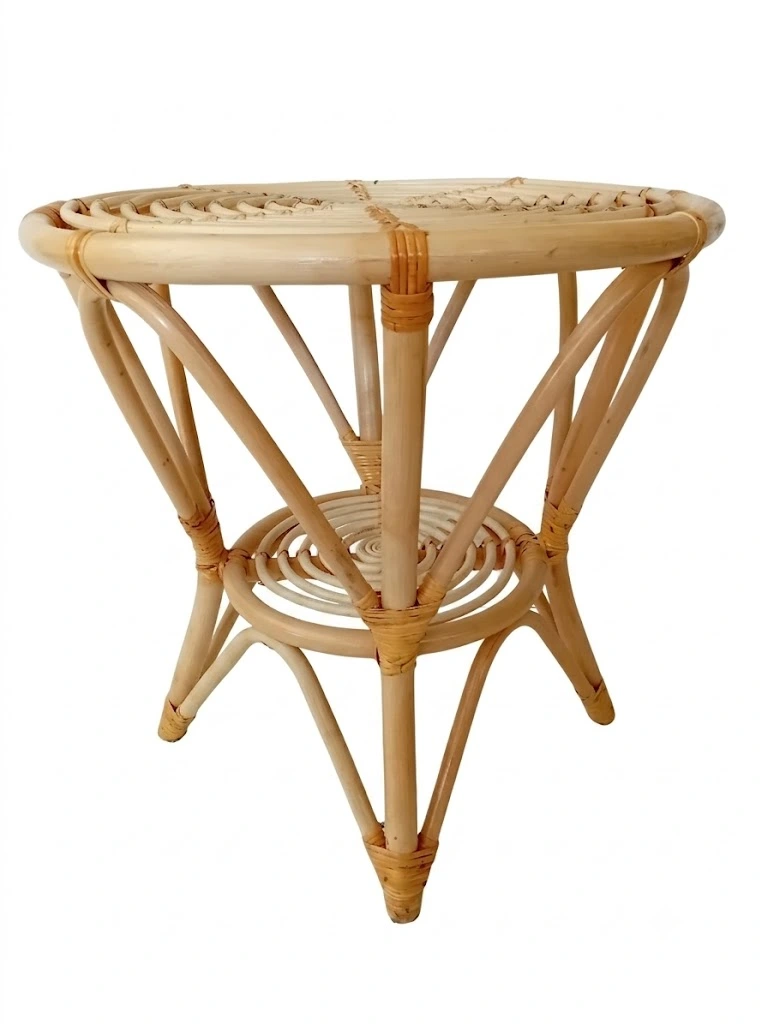 avolino Rotondo in Rattan Naturale con Doppio Ripiano a Cerchi Concentrici