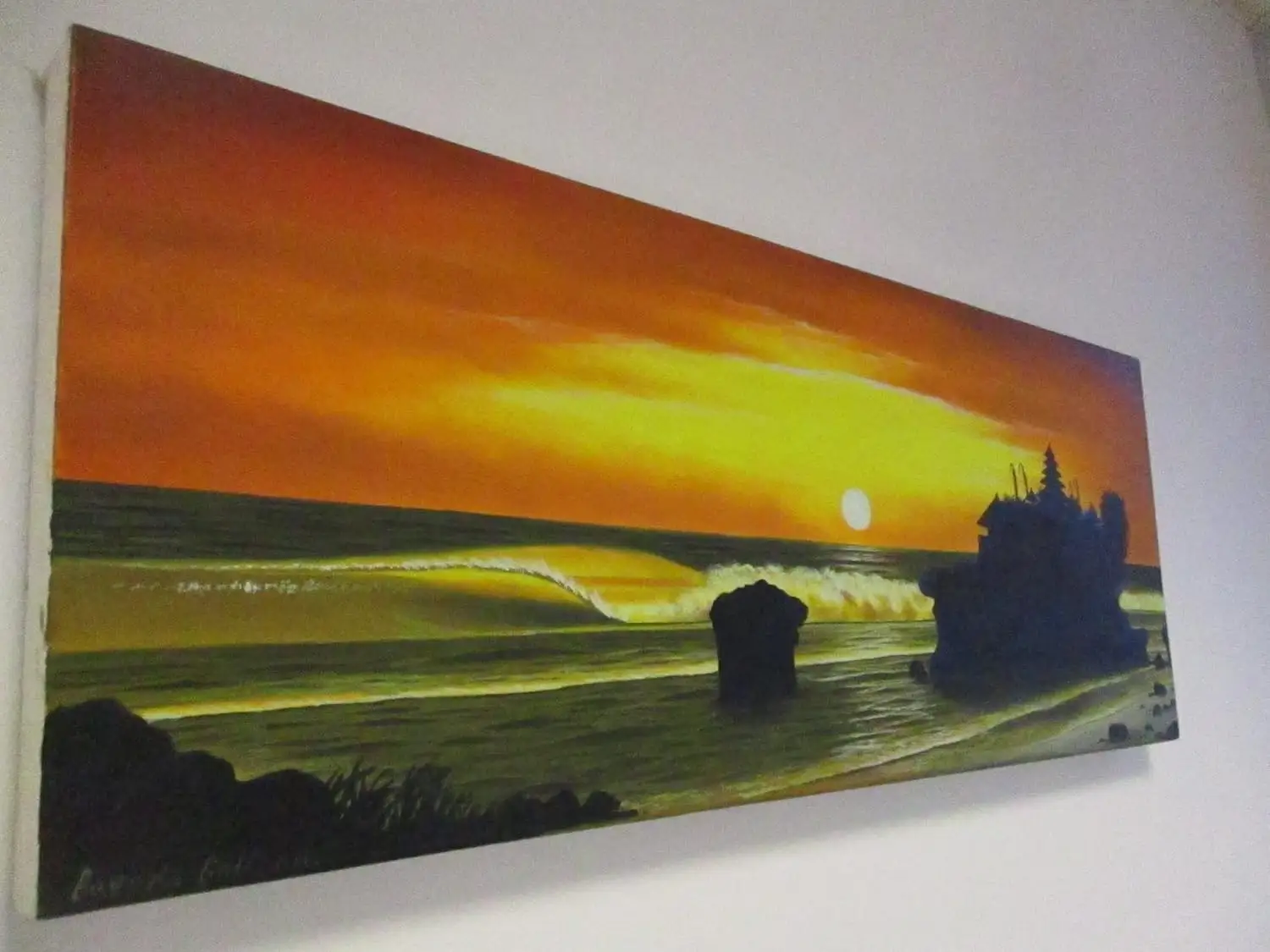 Quadro Batik Balinese "Tramonto a Tanah Lot" – Fatto a Mano a Bali (90x35 cm)