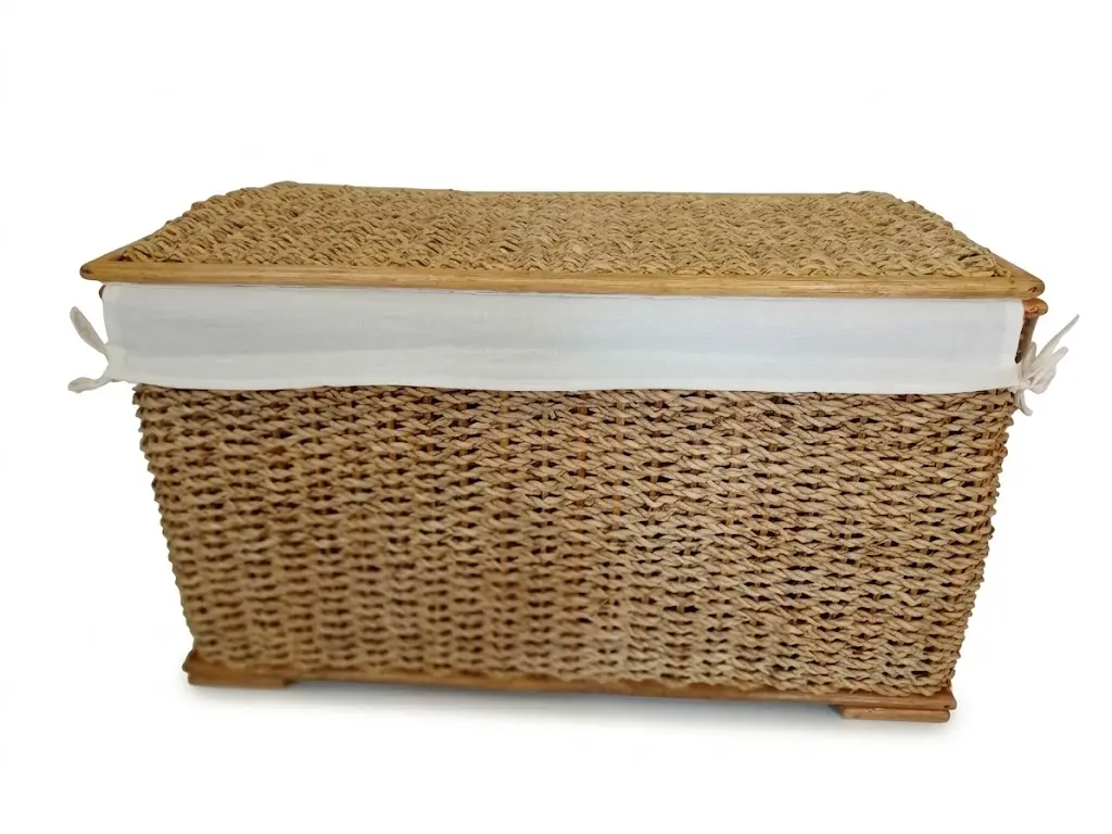 Cesto Baule cm  75x45x45 H  Portabiancheria in Vimini e Rattan con Fodera in Cotone
