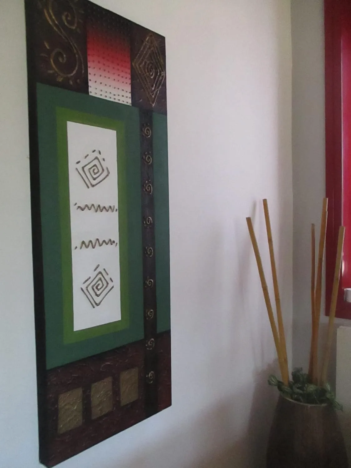 Quadro Etnico Materico da Bali 125x45 cm – Dipinto Artigianale su Tela con Dettagli Oro