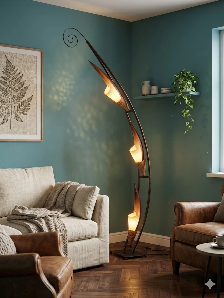 ampada da Terra ad Arco Etnica in Rattan e Metallo - Altezza 200 cm, 3 Luci