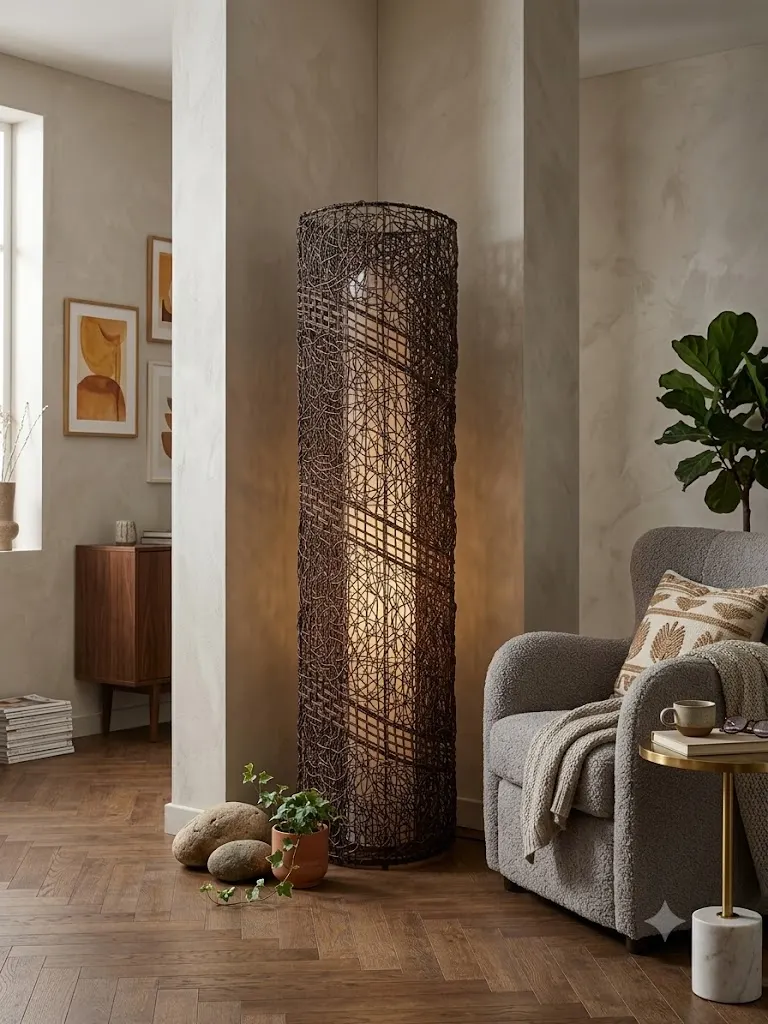 Lampada da Terra a Colonna in Rattan Intrecciato a 2 Luci | Design Boho-Chic CM 200 H