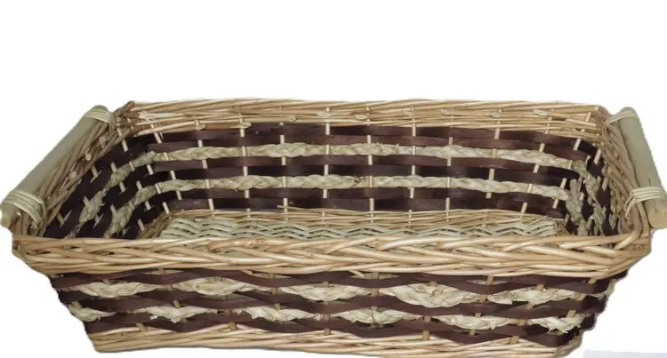 Cesto Natalizio Rettangolare in Vimini con Cordoni in Paglia e Marroni cm 60x44x15 H