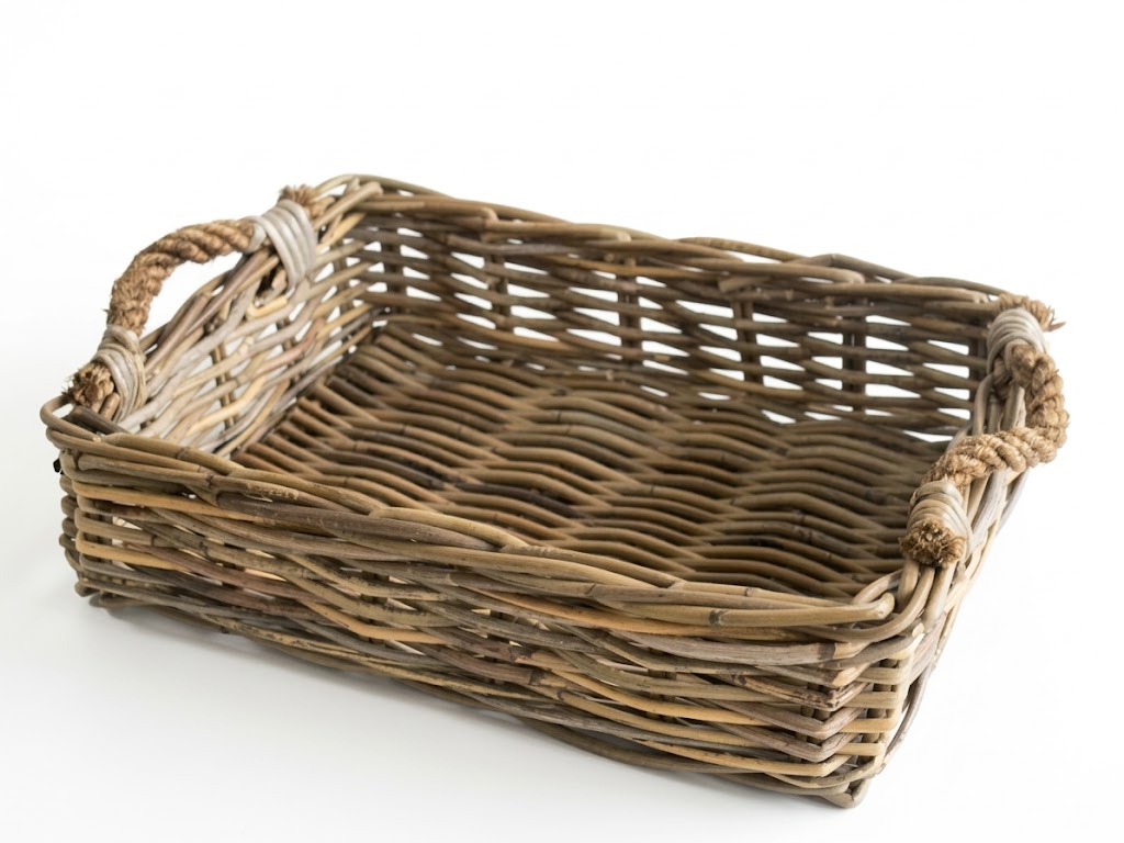 Vassoio rettangolare in vimini naturale con manici in corda - Stile Rustico/Nautico" cm 45x35x11 H