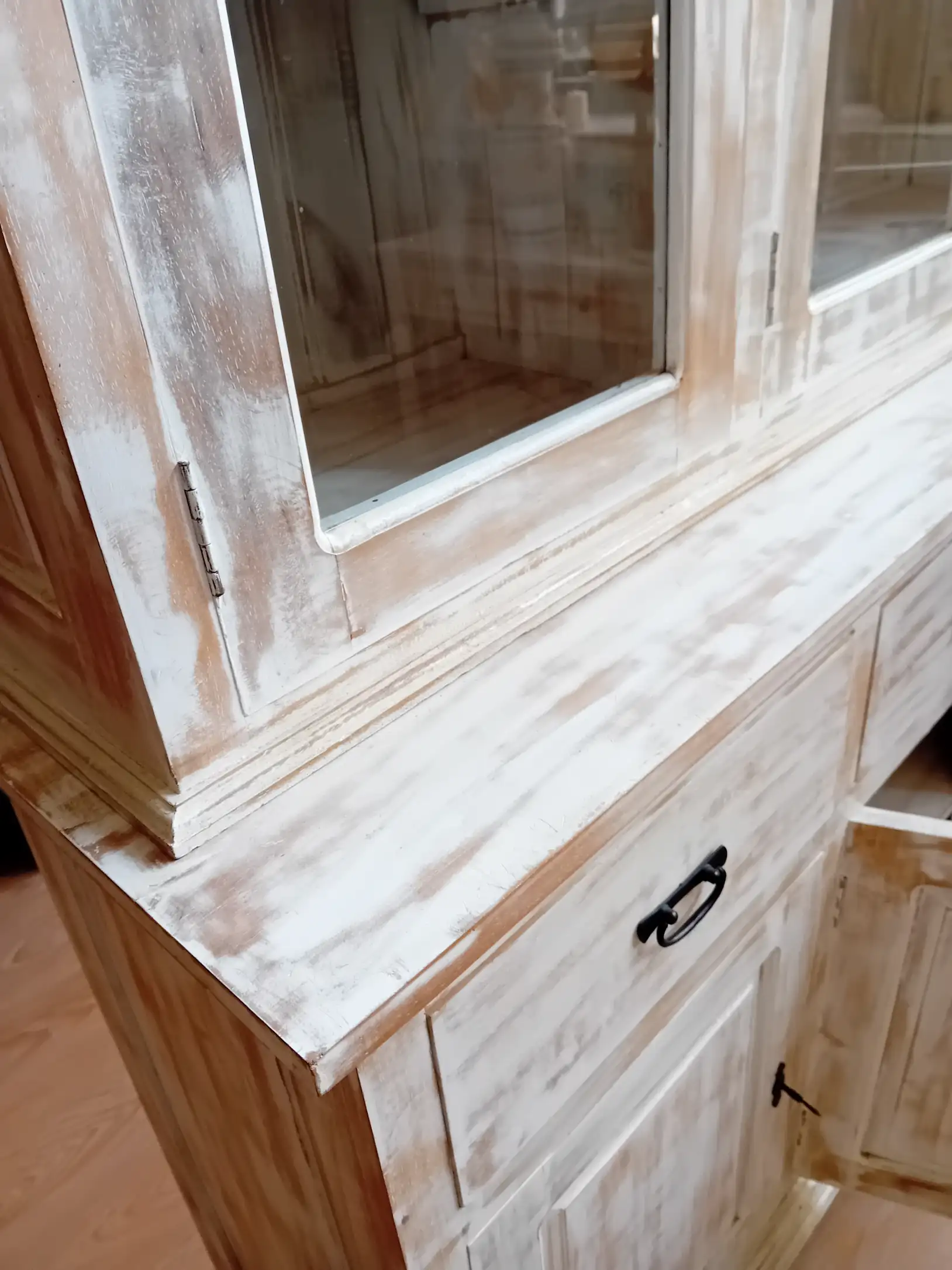 Credenza Vetrina 150x45x205 h cm Rustica Decapata in Legno Massello (2 Pezzi) - 3