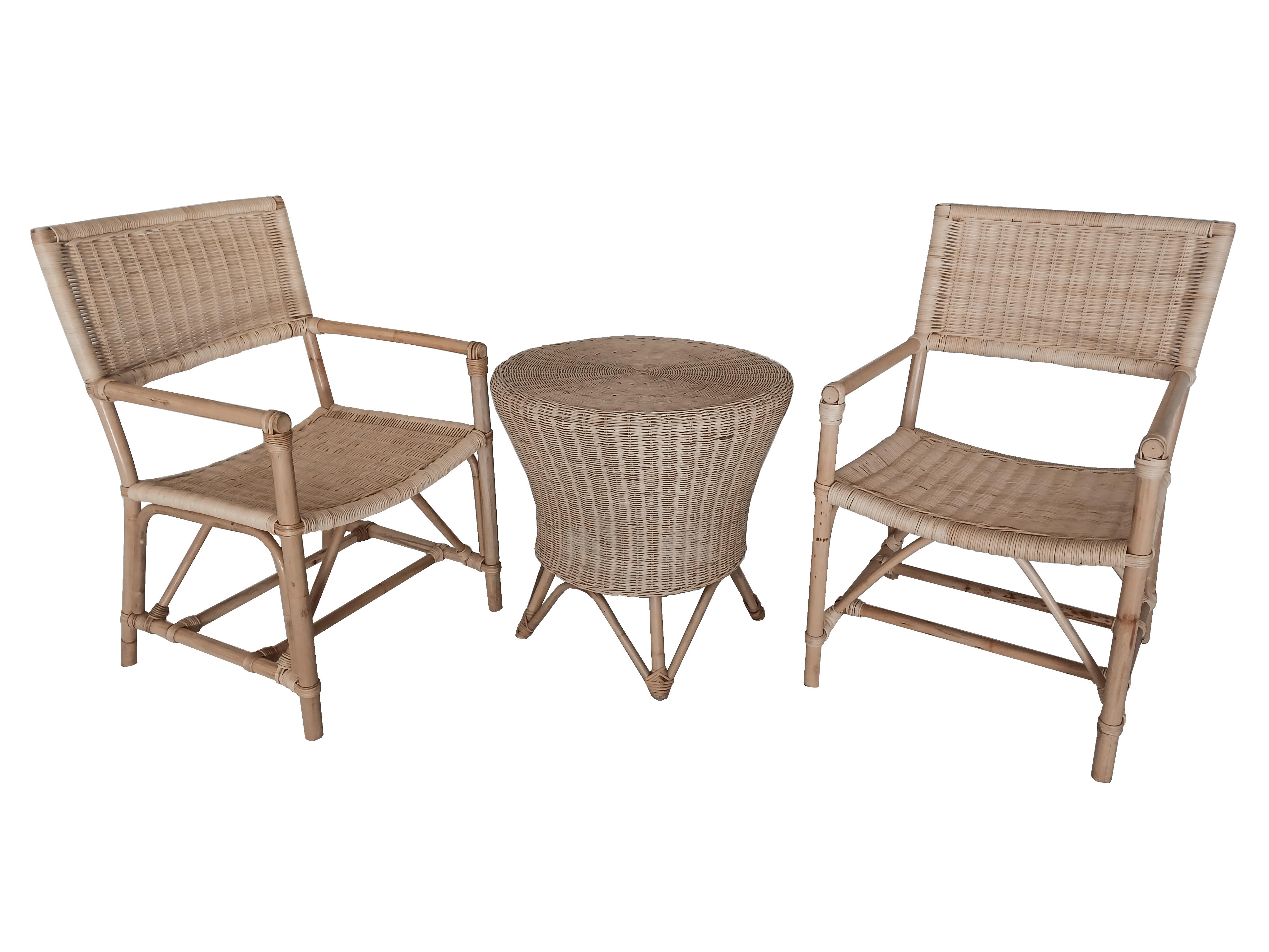 Salottino da Giardino e Interni in Vimini Rattan / Midollino Naturale – Set 2 Poltrone e Tavolino Tondo