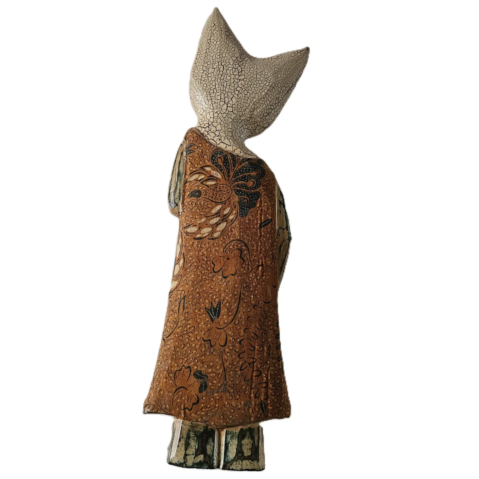 Scultura Gatta "Signora in Abito Tradizionale" – Statuina Antropomorfa in Legno