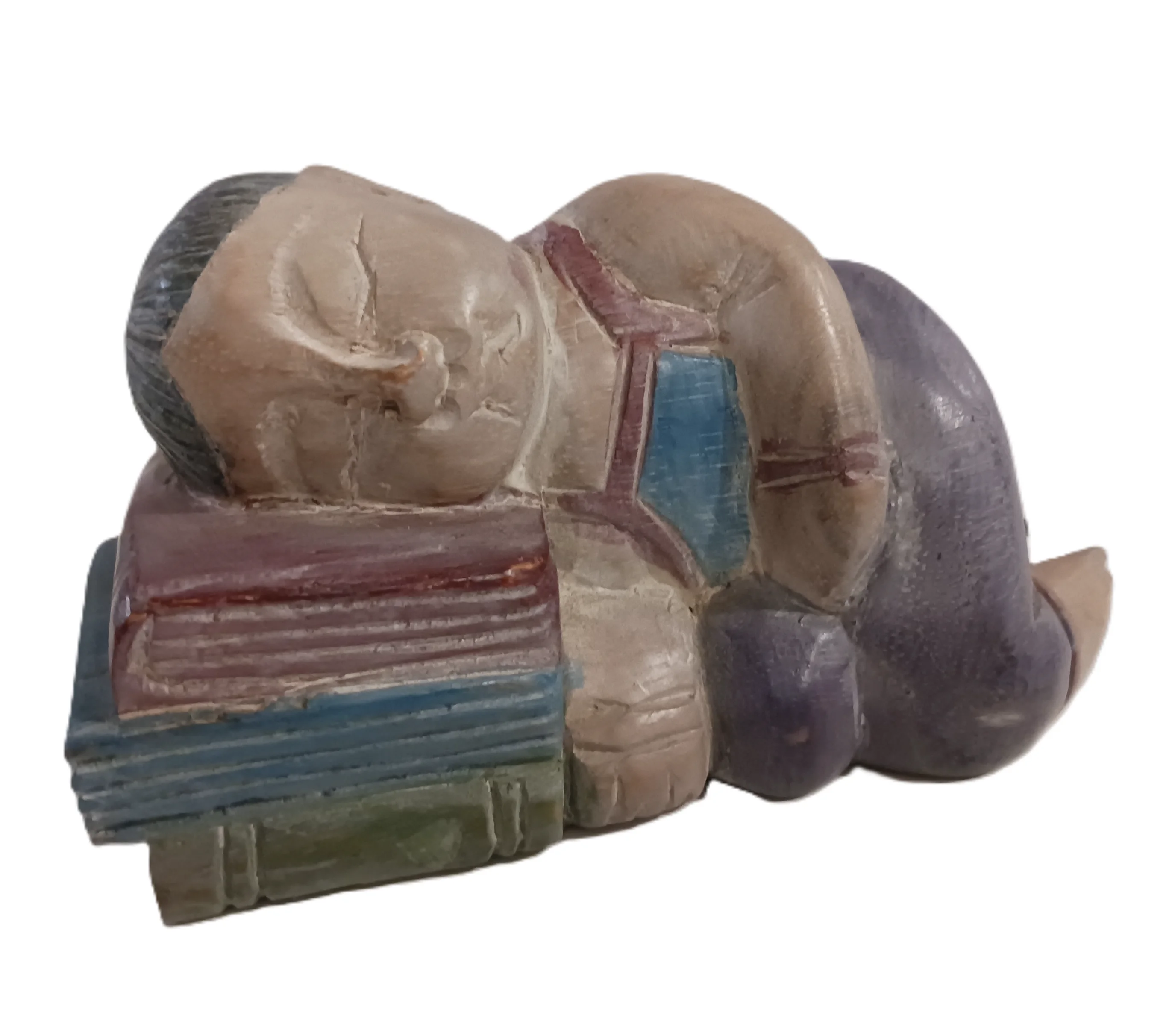 Scultura "Il Riposo del Lettore" in Legno Dipinta a Mano – Bambino addormentata sui libri Cm 16x6x10 H