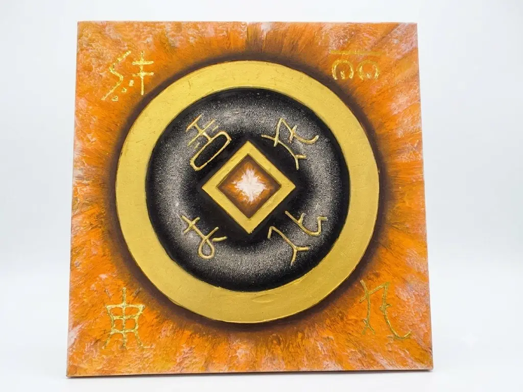Quadro Batik Artigianale in Rilievo – Simboli Dorati e Sfumature Arancio (83x53 cm)