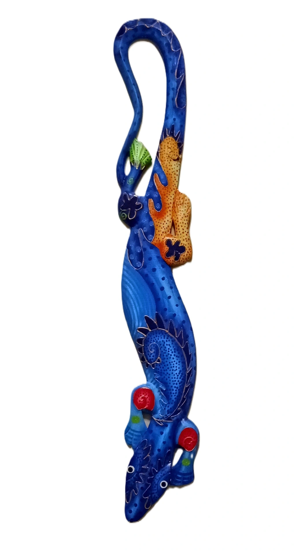 Geco Gigante da Parete in Legno Blu (98 cm) – Decorazione Portafortuna Stile Marine & Etnico