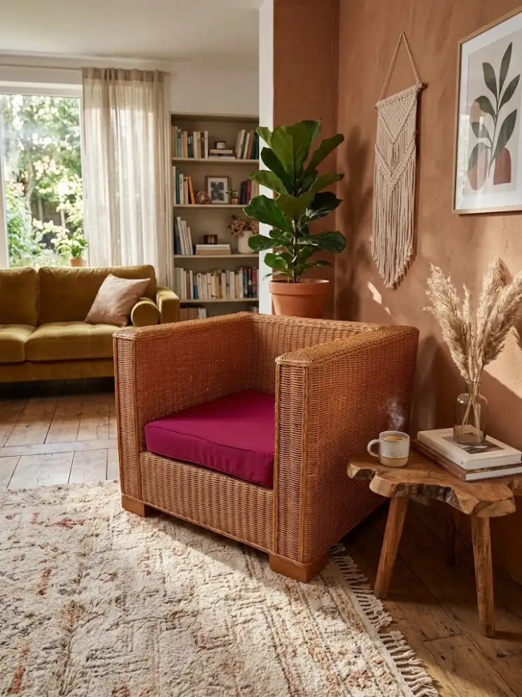 Poltrona in Rattan e Midollino Naturale con Piedi in Teak e Cuscino Sfoderabile