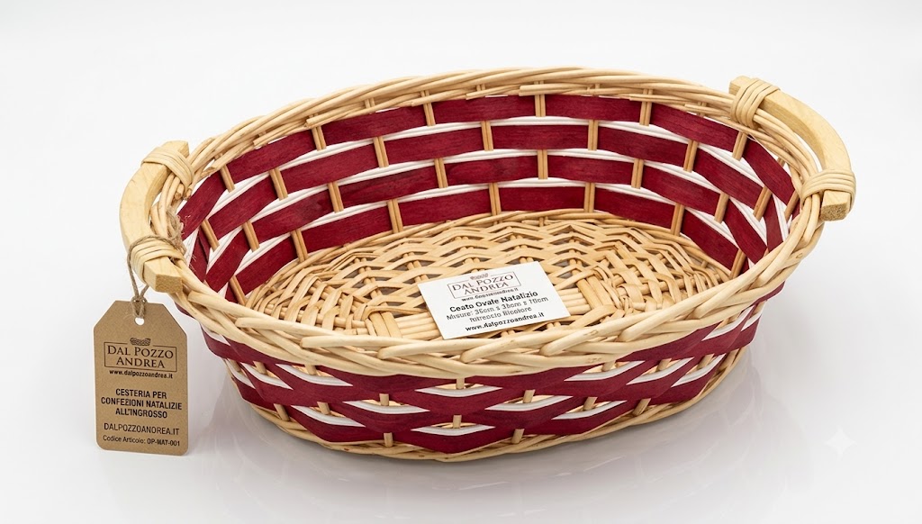Cesto Vassoio Ovale in Vimini e Legno Rosso/Bianco cm 42x28x13 H