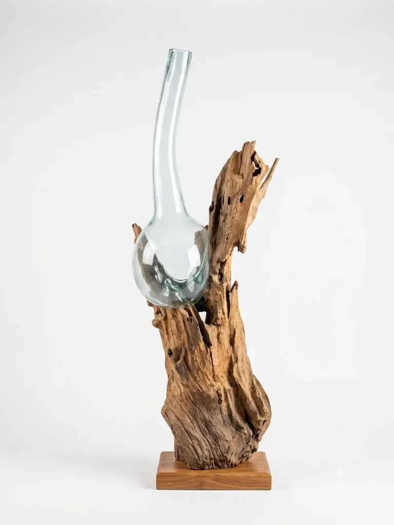 Vaso Scultura in Vetro Soffiato su Radice di Teak Naturale