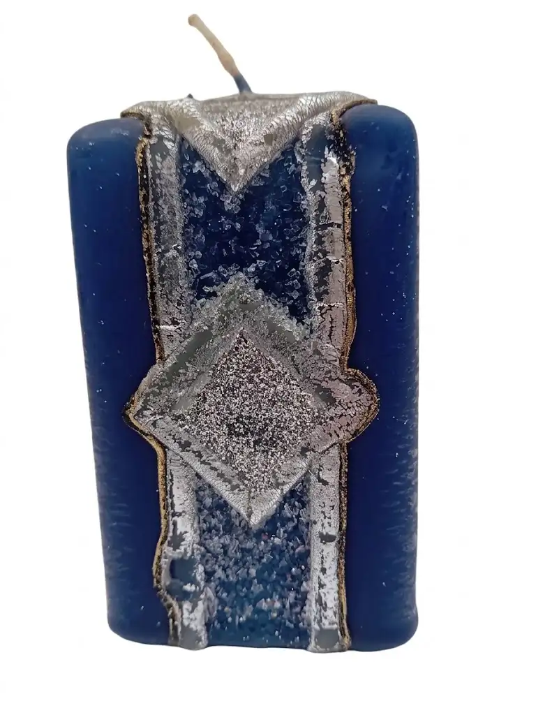 Candela Artigianale–  (6x6x10 cm) Blu Cobalto Super Lusso con Decorazioni Oro e Argento