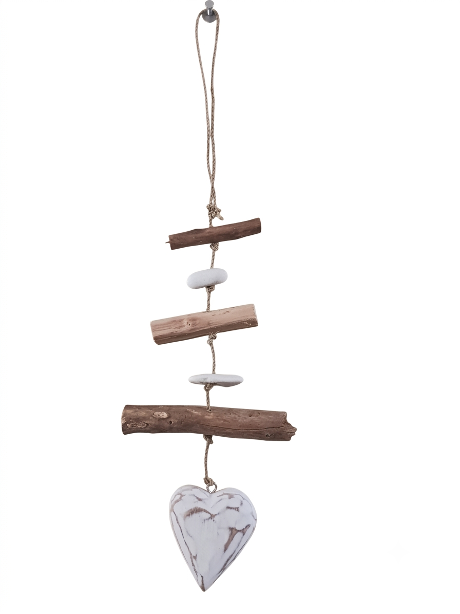 Decorazione da Appendere con Cuore in Legno e Legnetti di Mare – Regalo Romantico Portafortuna Shabby Chic
