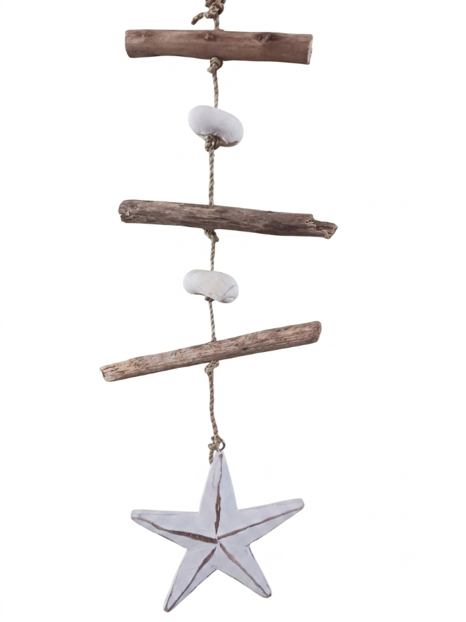 Decorazione da Parete Stella Marina in Legno – Ciondolo Driftwood e Sassi Stile Marinaro Beach House
