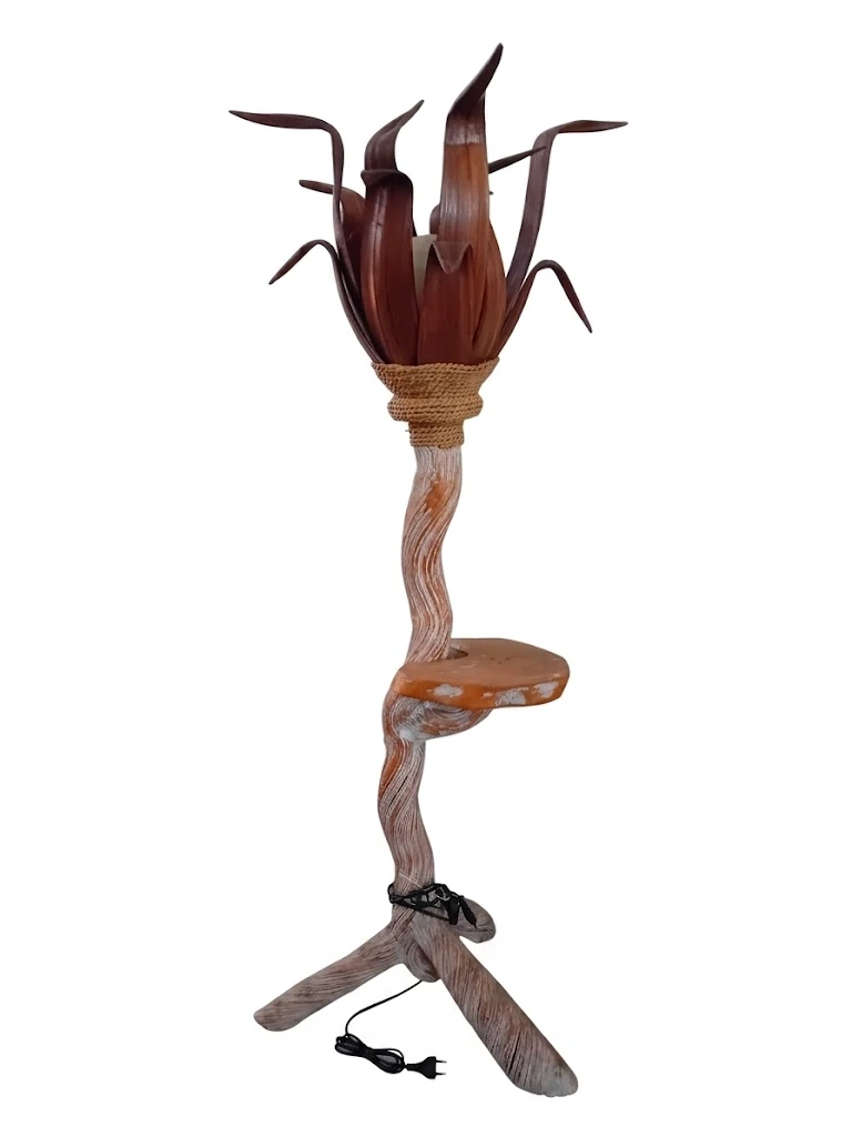 Lampada a Stelo Etnica in Rattan e Legno con Mensola cm 140 H