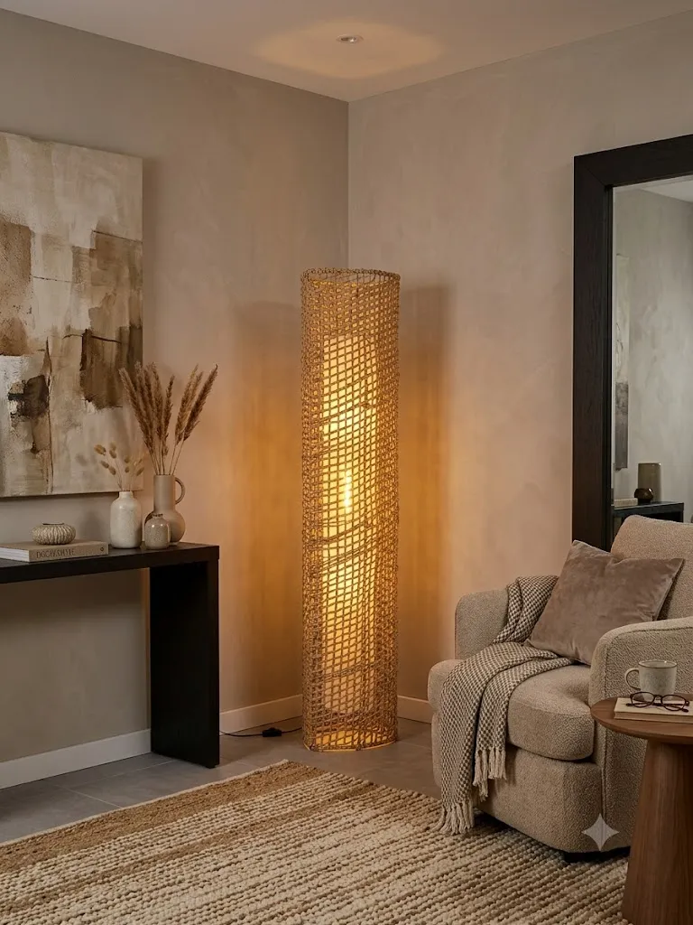Lampada da Terra a Cilindro in Rattan Intrecciato, H 200 cm - Doppia Luce
