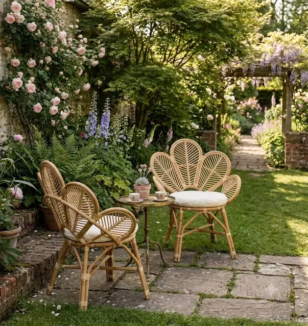 Poltrona in rattan naturale vimini  Ventaglio – Design Iconico con Cuscino Trapuntato - 5