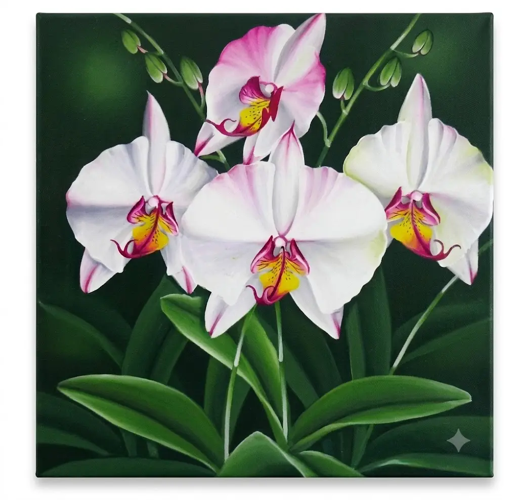 Quadro Batik Artigianale "Orchidee di Bali" – Dipinto a Mano 100x100 cm
