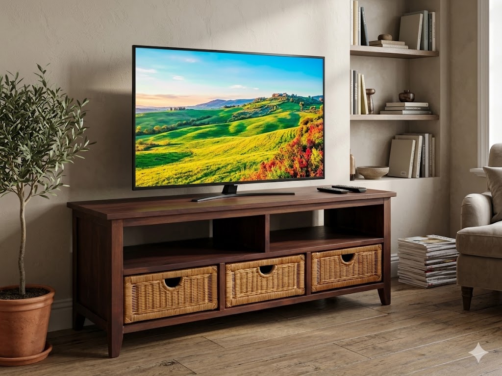 cassettiera in rattan naturale e mogano porta tv