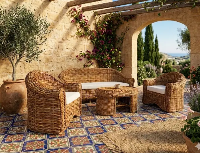 salotto rattan naturale vimini cuscini sfoderabili