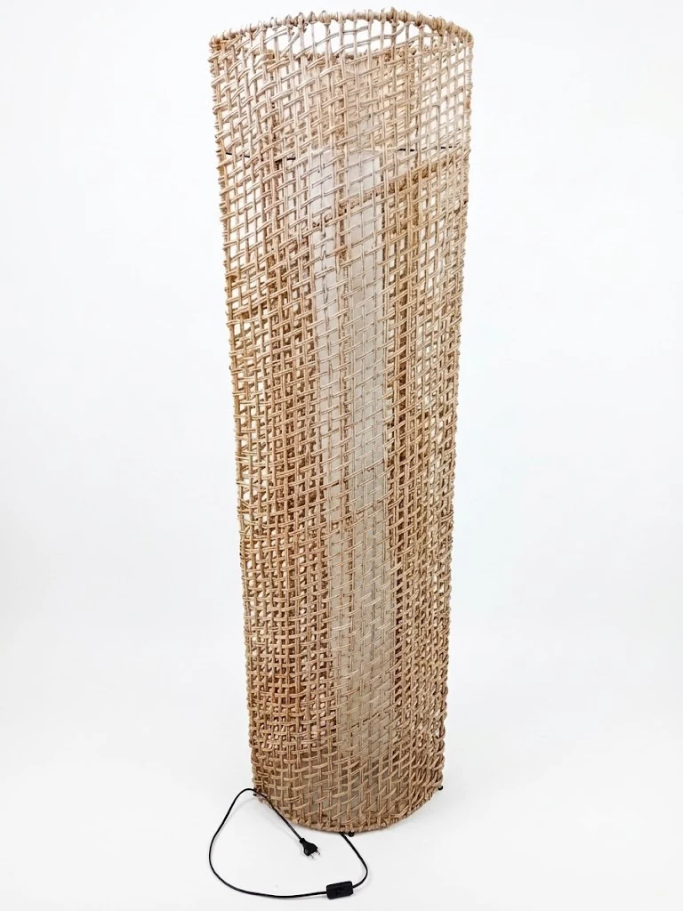 Lampada da Terra a Cilindro in Rattan Intrecciato, H 200 cm - Doppia Luce