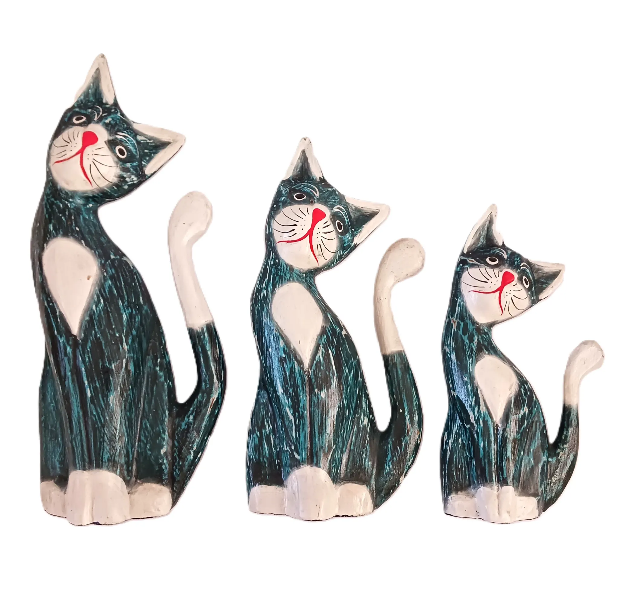 Set 3 Sculture Artigianali "Gatti" in Legno - Dipinti a Mano