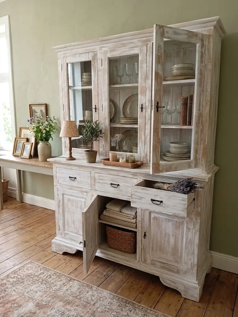 Credenza Vetrina 150x45x205 h cm Rustica Decapata in Legno Massello (2 Pezzi)