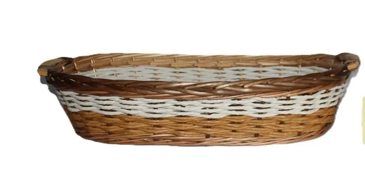 Cesto Vassoio Ovale in Vimini Nocciola con Cordoncino Bianco cm 69x40x13 H