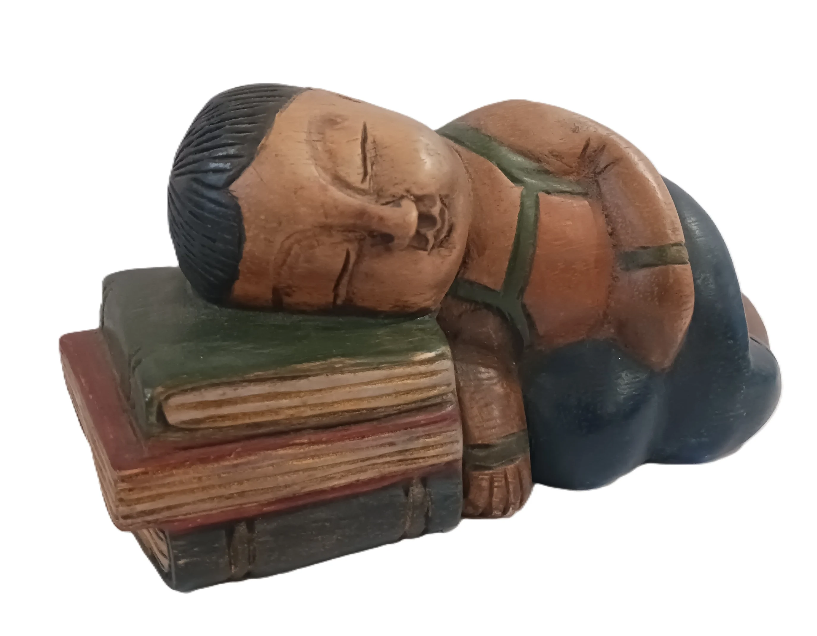 Scultura "Sogni d'Avventura" in Legno Dipinta a Mano – Bambino addormentato sui libri – Cm 20x7x10 H - 2
