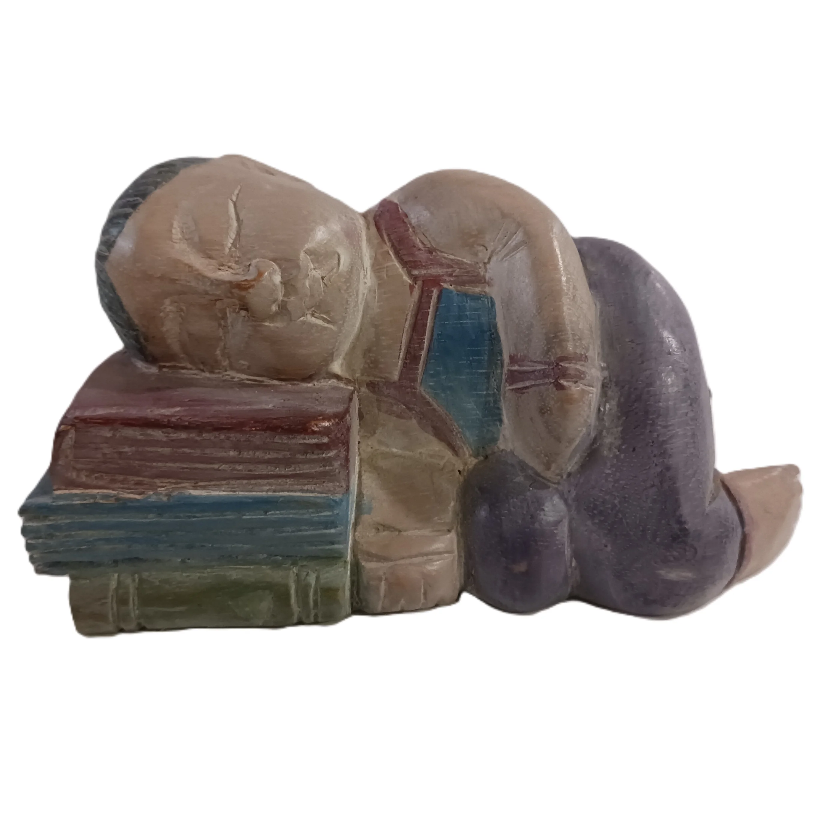 Scultura "Il Riposo del Lettore" in Legno Dipinta a Mano – Bambino addormentata sui libri Cm 16x6x10 H