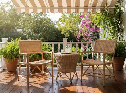 Salottino da Giardino e Interni in Vimini Rattan / Midollino Naturale – Set 2 Poltrone e Tavolino Tondo
