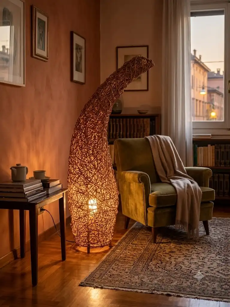 Lampada da Terra Curva in Rattan Intrecciato - H 100 cm