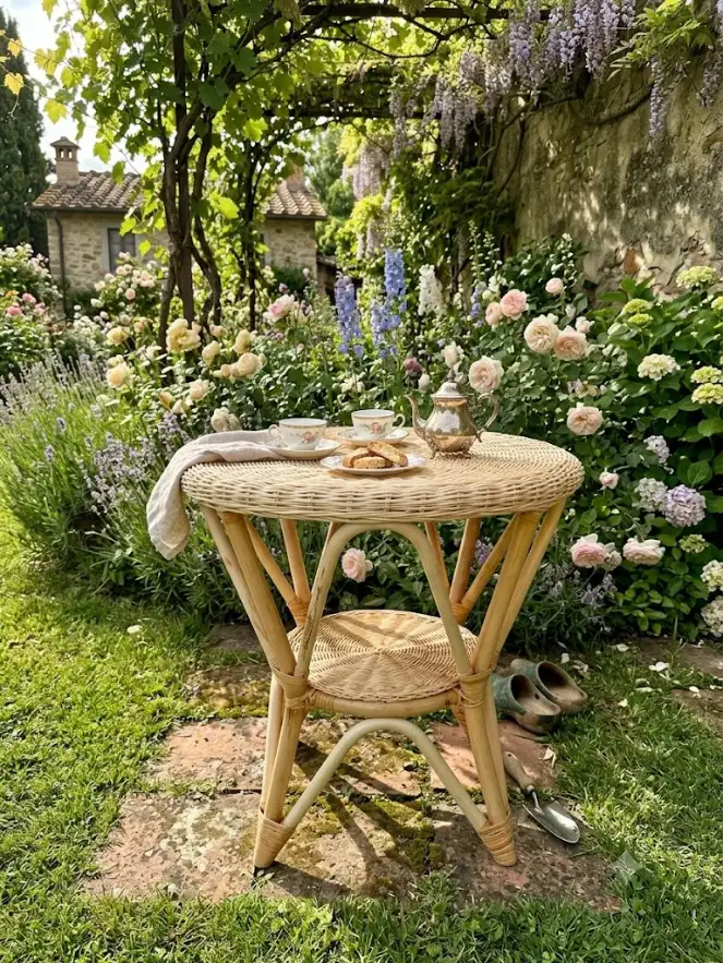 Tavolino Rotondo in Midollino e Giunco con Doppio Ripiano – Stile Boho-Chic - 4