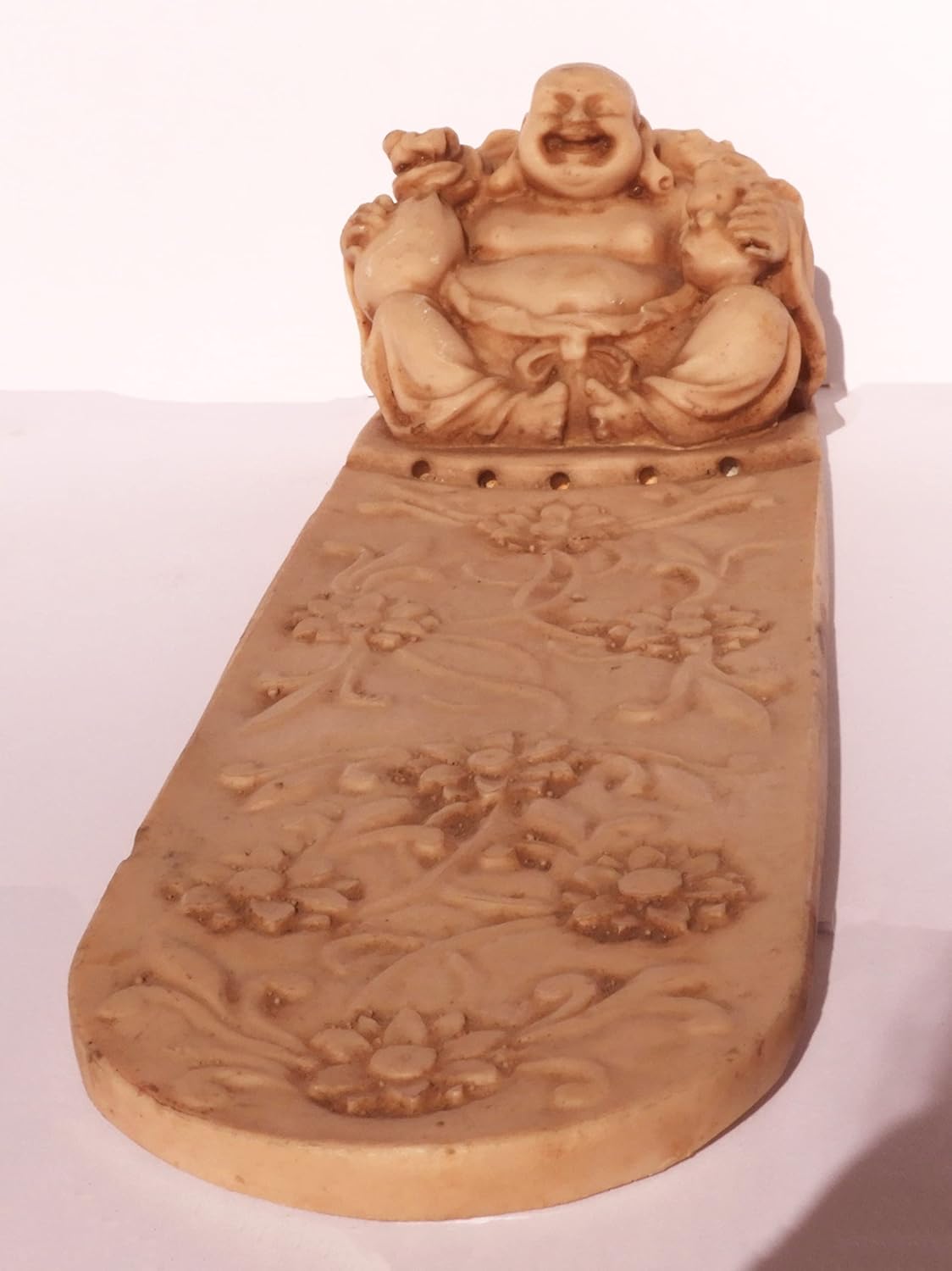 Bruciaincenso in Pietra Dura Intagliata con Buddha Ridente – 29x9 cm - 3