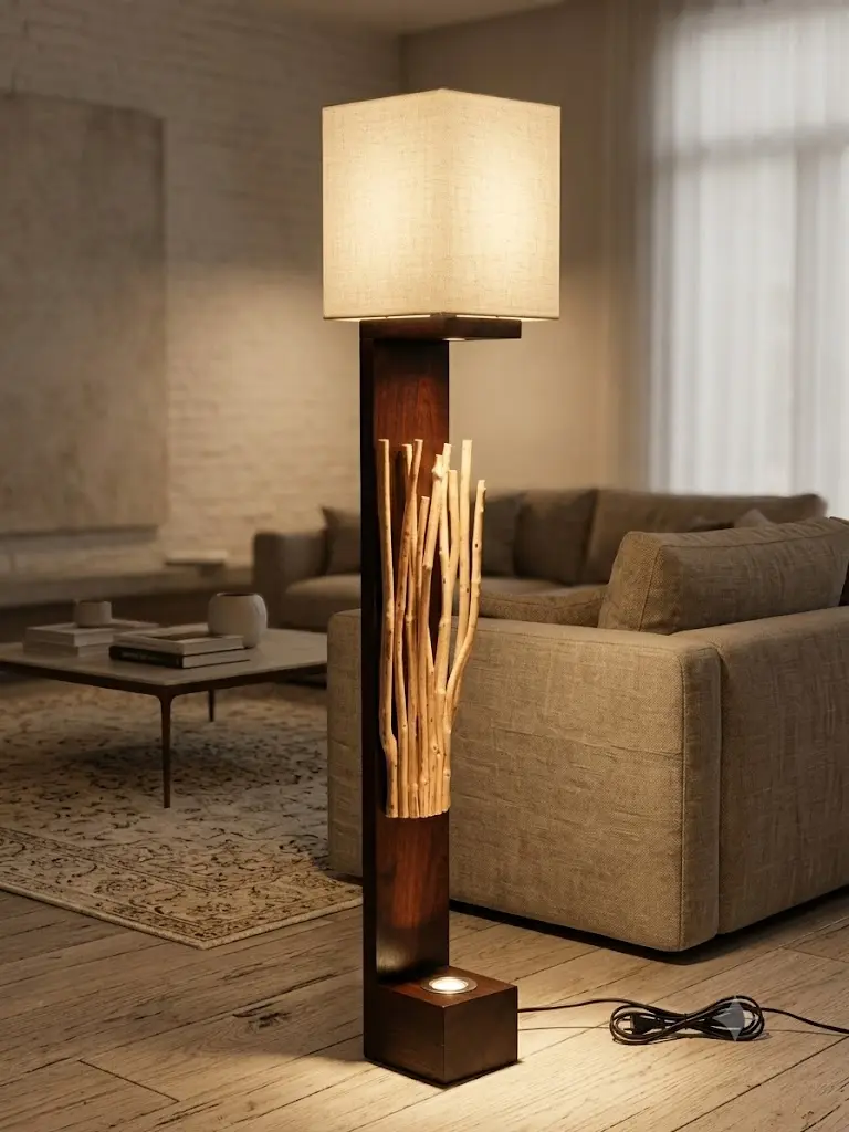 ampada a Stelo in Legno e Canne di Rattan con Faretto Orientabile – H 170 cm