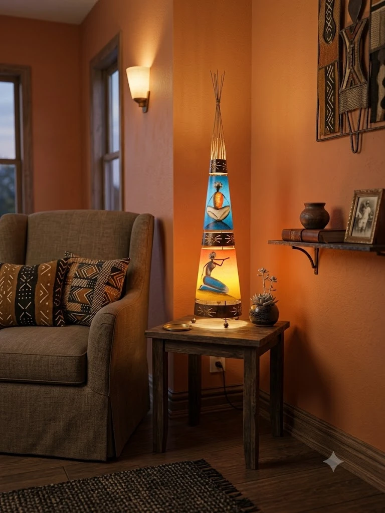 Lampada Etnica a Due Livelli in Metallo H135 cm - Dipinta a Mano con Figure Tribali Africane