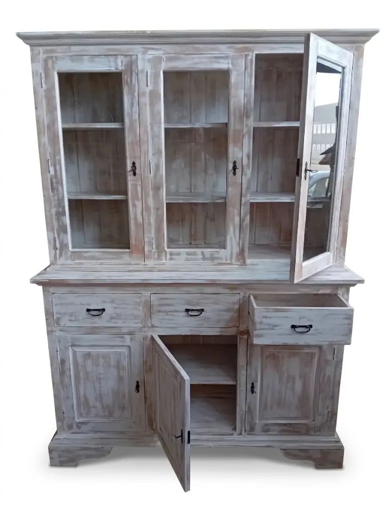 Credenza Vetrina 150x45x205 h cm Rustica Decapata in Legno Massello (2 Pezzi)