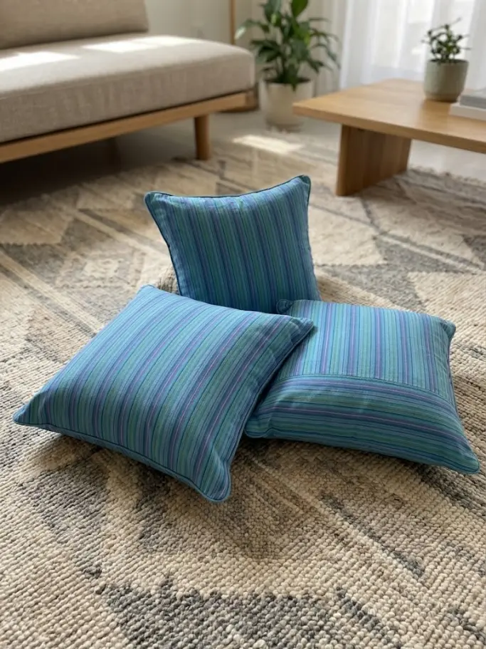 Cuscino Arredo in Cotone Cangiante Double Face a Righe Azzurro e Viola 70x70 cm | Dal Pozzo Andrea