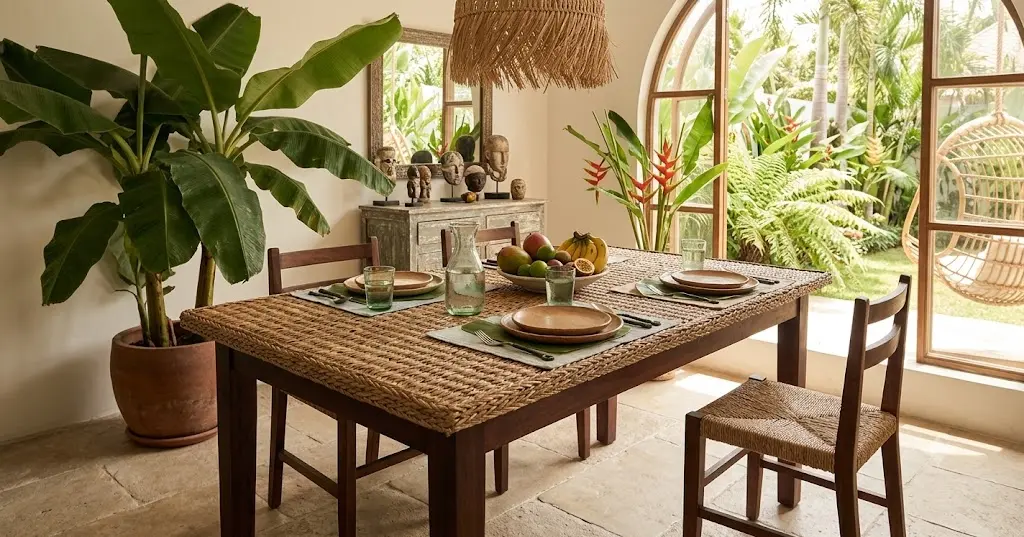 Tavolo da Pranzo in Legno con Piana in Intreccio di Foglia di Banana – 150x85 cm